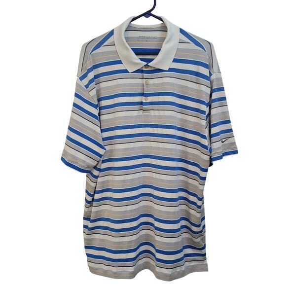 Nike Golf Size XL Striped White Blue Collared Tech Dri-Fit Performance Preppy - Picture 1 of 5